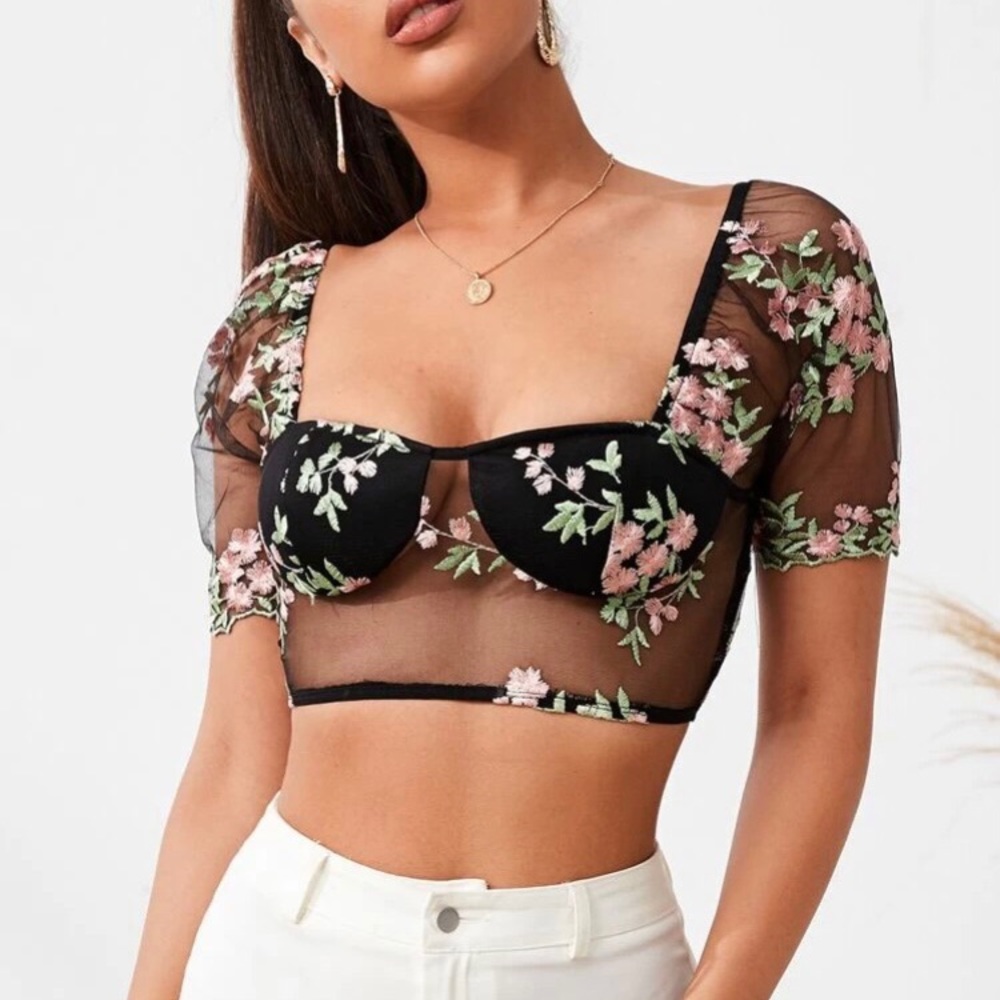 Floral Embroidered Mesh Crop Top